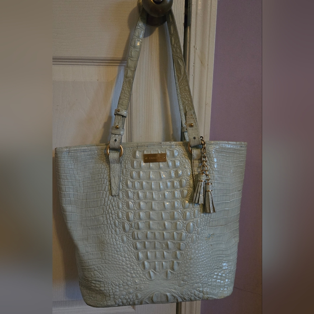 Brahmin Light Gray Crocodile Embossed Tote